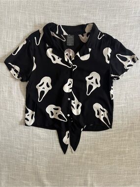 Ghost face Scream Tie-Front Button-Down Shirt M Halloween horror alt